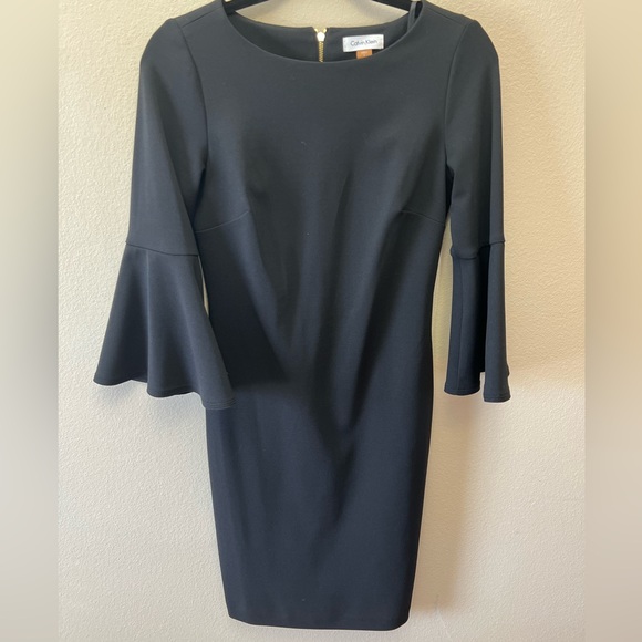 CALVIN KLEIN 3/4 Bell Sleeve Boat Neck Sheath Dress, Black, Size 2 - Picture 3 of 12